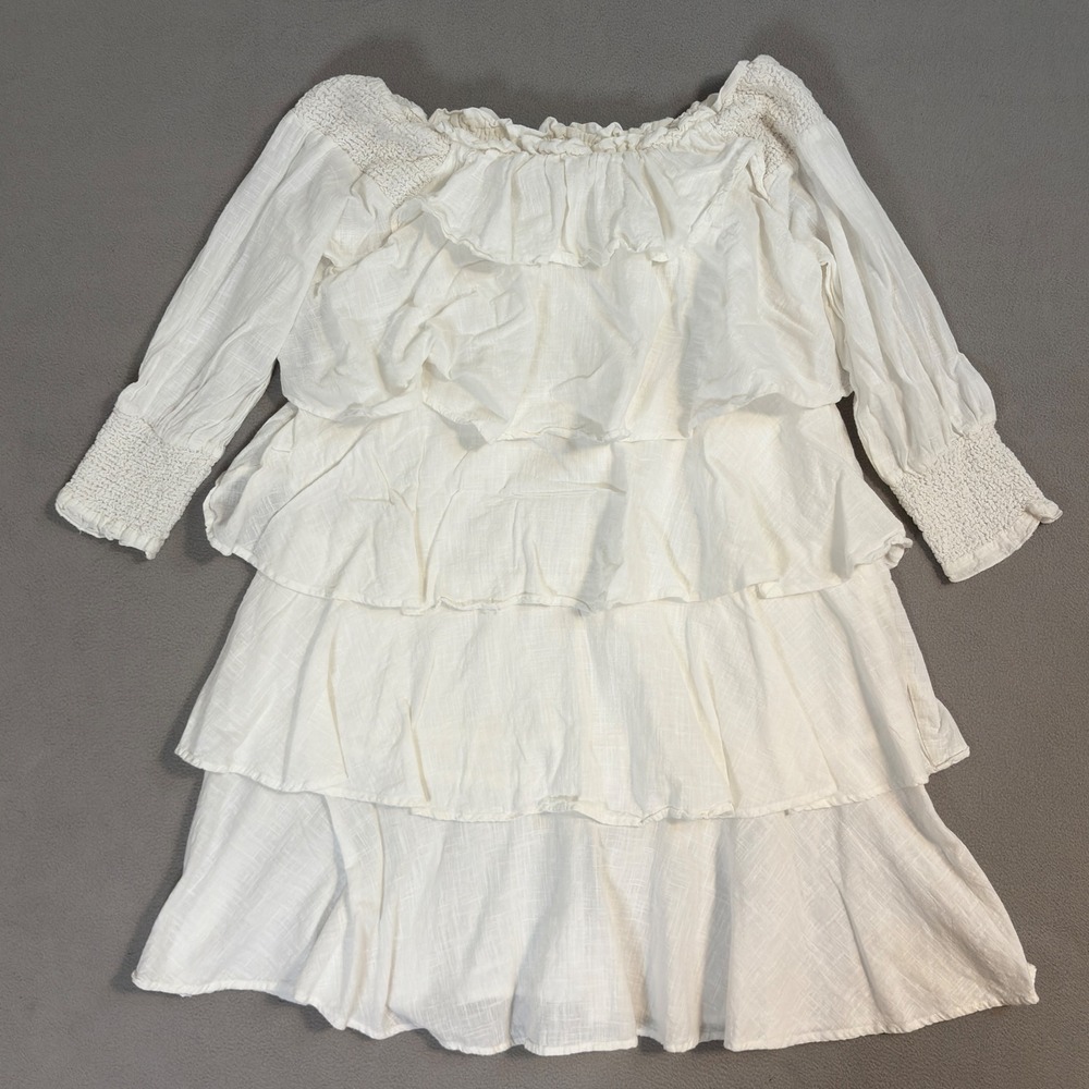 Chelsea & Theodore White Tiered Ruffle Dress Womens Medium Off Shoulder Cotton